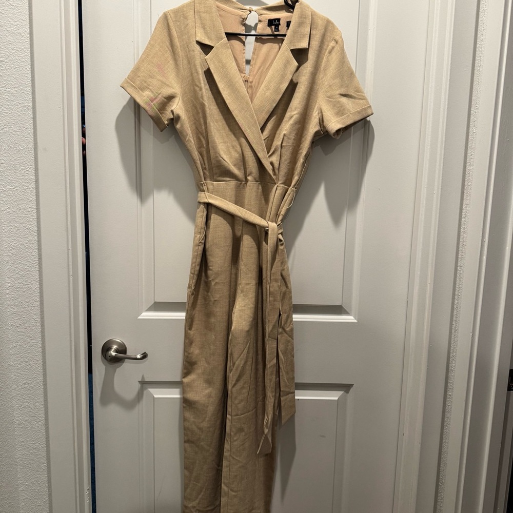 Lulu’s Sensible Sensation Beige Tie-Front Short Sleeve Jumpsuit - Picture 3 of 8